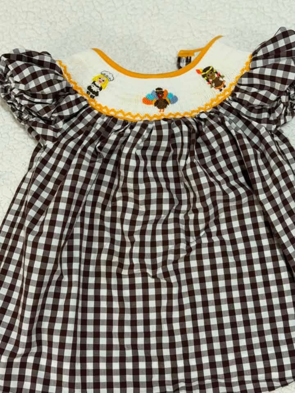 Gingham Smocked Baby Dress with Thanksgiving Embroidery - Brown & White